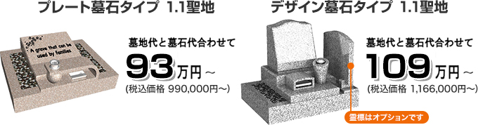 プレート墓石タイプ 1.1聖地 墓地代と墓石代合わせて93万円〜（税込価格 990,000円〜）、デザイン墓石タイプ 1.1聖地 墓地代と墓石代合わせて109万円〜（税込価格 1,166,000円〜） 霊標はオプションです